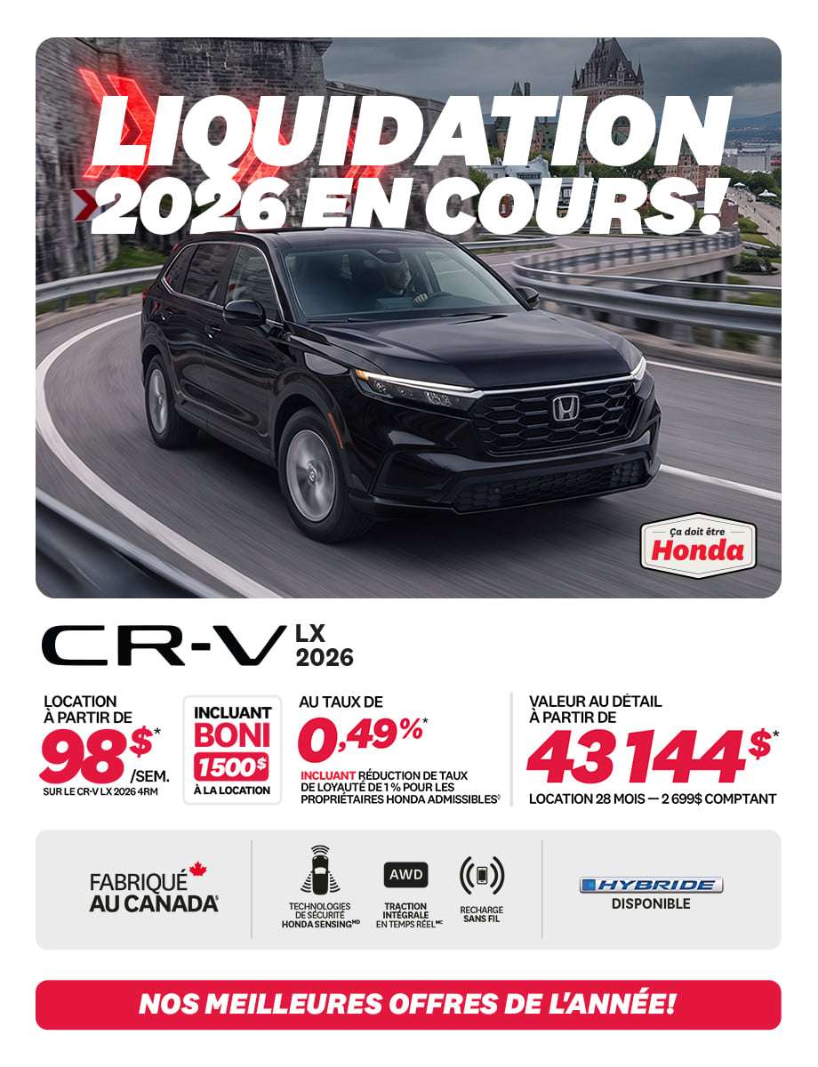 Honda CR-V LX 4RM 2026 en promotion chez Honda Saint-Jean — location à partir de 98 $/semaine