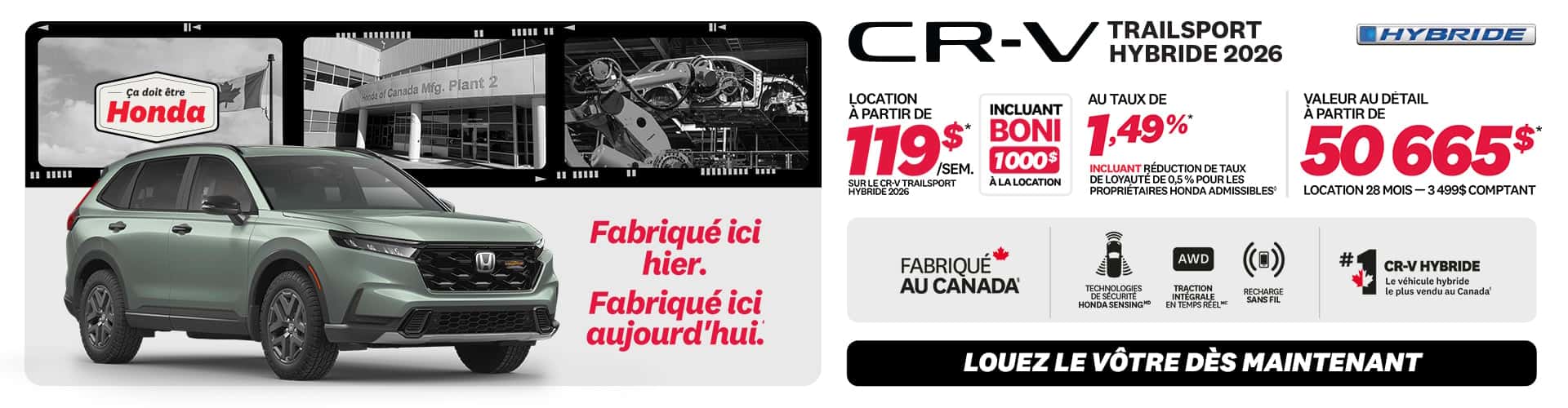 Honda CR-V TrailSport Hybride 2026 en promotion chez Honda Saint-Jean — location à partir de 119 $/semaine
