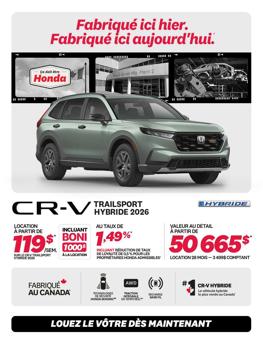 Honda CR-V TrailSport Hybride 2026 en promotion chez Honda Saint-Jean — location à partir de 119 $/semaine