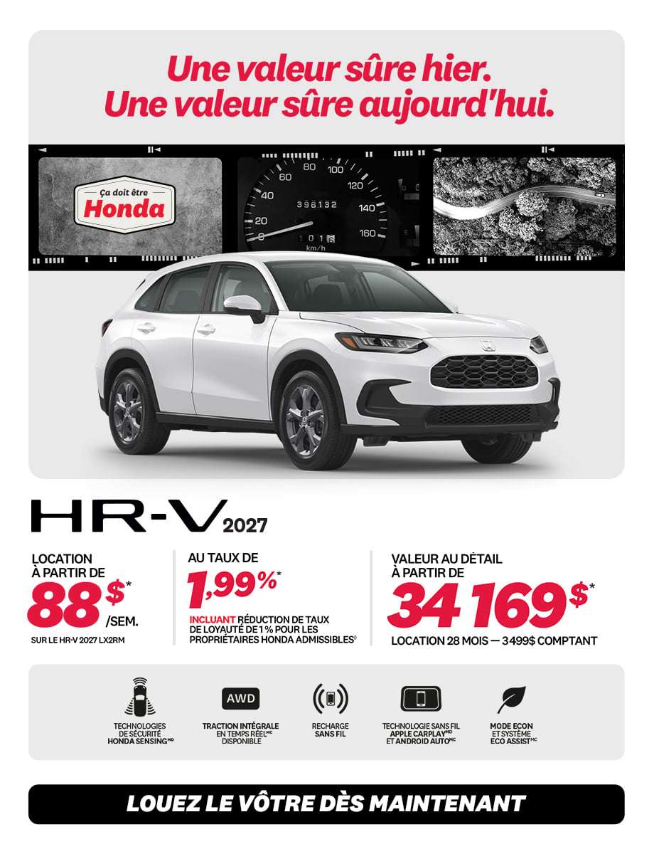 Honda HR-V LX 2RM 2027 en promotion chez Honda Saint-Jean — location à partir de 88 $/semaine