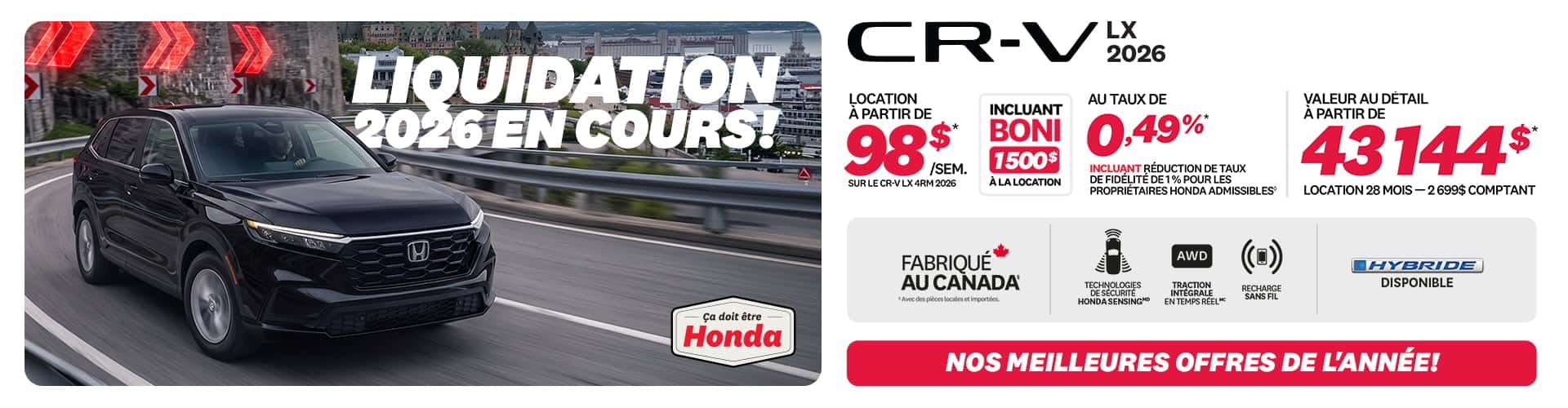 Honda CR-V LX 4RM 2026 en promotion chez Honda Saint-Jean — location à partir de 98 $/semaine