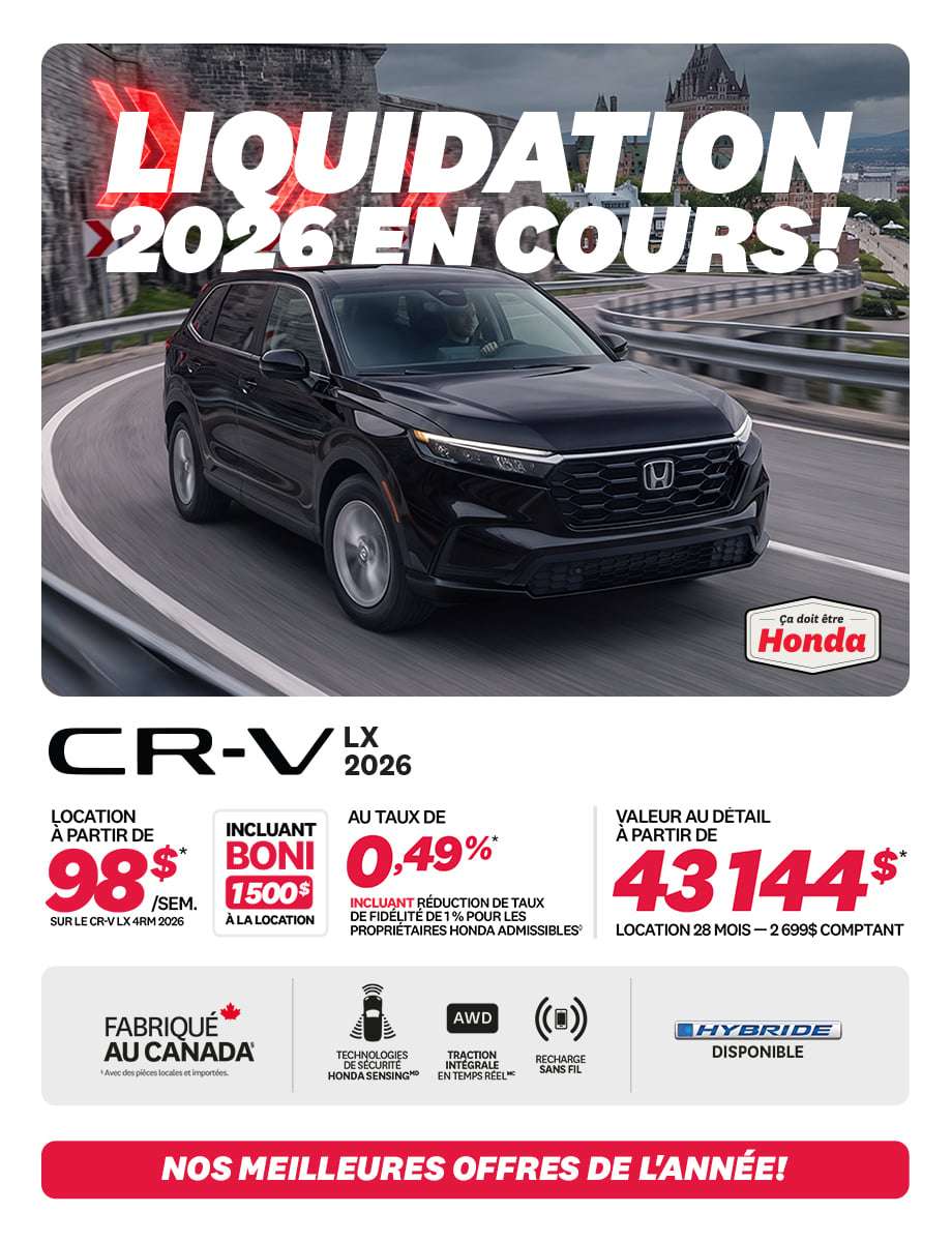Honda CR-V LX 4RM 2026 en promotion chez Honda Saint-Jean — location à partir de 98 $/semaine