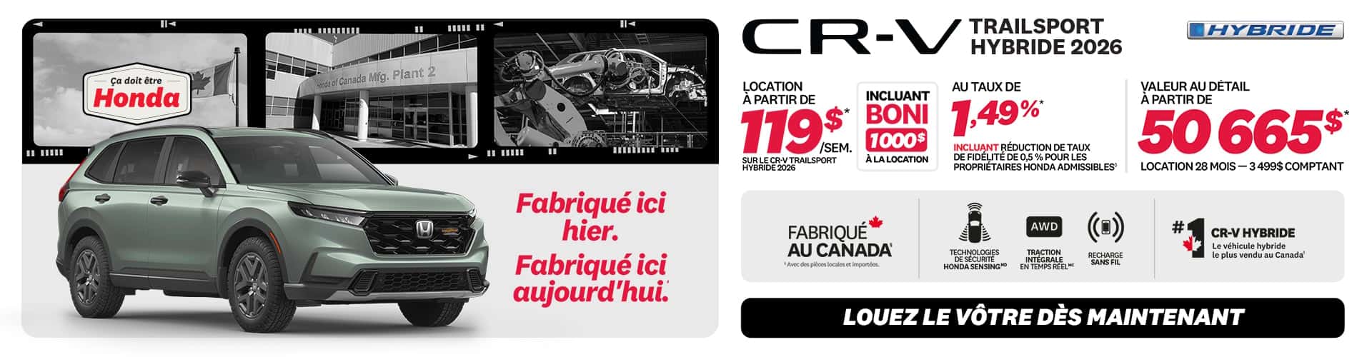 Honda CR-V TrailSport Hybride 2026 en promotion chez Honda Saint-Jean — location à partir de 119 $/semaine