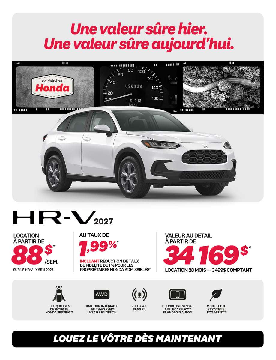 Honda HR-V LX 2RM 2027 en promotion chez Honda Saint-Jean — location à partir de 88 $/semaine