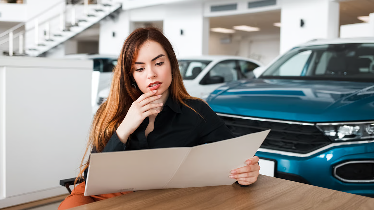 Femme cliente d'un concessionnaire automobile qui consulte son contrat de valeur d'échange de voiture