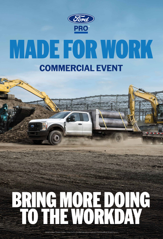 Ford Pro Made for Work Commercial Event. F-150 and Transit at a worksite. Put more productivity on the road.