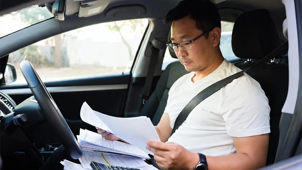 immigrant chinois en train de regarder des documents dans sa voiture