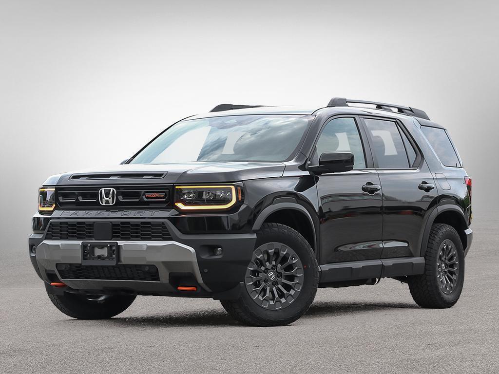 Driver‑side front view of a black 2026 Honda Passport TrailSport AWD