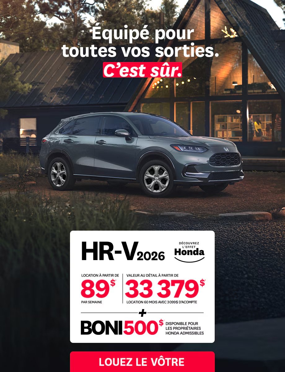 Affiche publicitaire pour un Honda HRV 2026 bleu. Le slogan est: Équipé pour toutes vos sorties. C'est sûr.